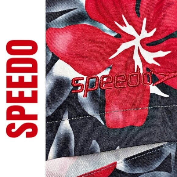 SPEEDO Men's Board Shorts Swim Trunks Black Red Hawaiian Floral, Size M - Picture 7 of 9